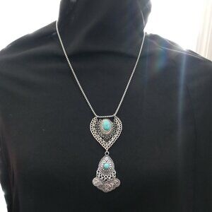 Boho Silver Tone Statement Necklace with Turquoise-Colored Stones & Coin Dangles